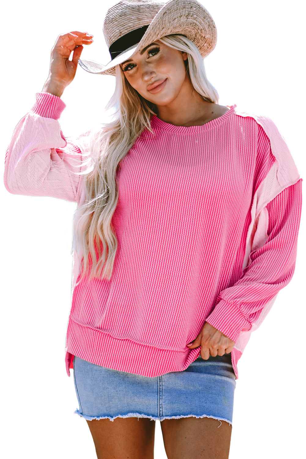 Blue Zone Planet | Bonbon Cable Knit Colorblock Exposed Seam Sweatshirt-TOPS / DRESSES-[Adult]-[Female]-2022 Online Blue Zone Planet