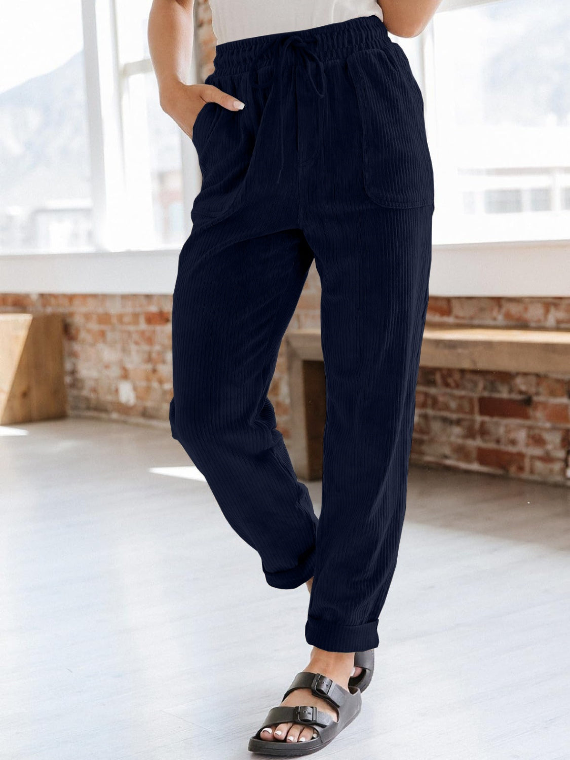 Drawstring Pants with Pockets-BOTTOMS SIZES SMALL MEDIUM LARGE-[Adult]-[Female]-Navy-S-2022 Online Blue Zone Planet