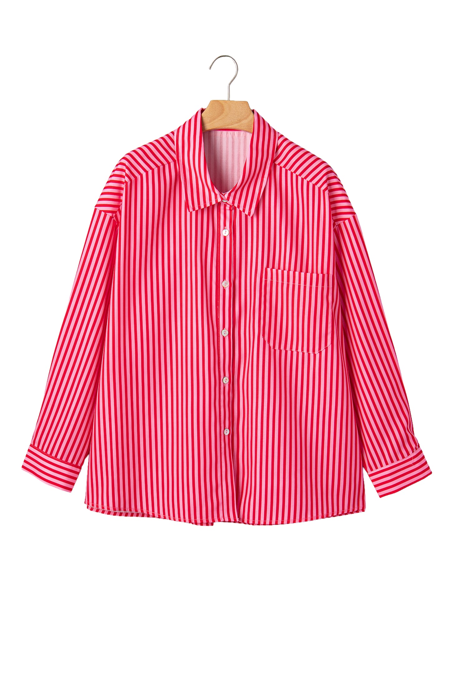 Red Stripe Button-Up Shirt Long Sleeve Patch Pocket Casual Shirt-Tops/Blouses & Shirts-[Adult]-[Female]-2022 Online Blue Zone Planet