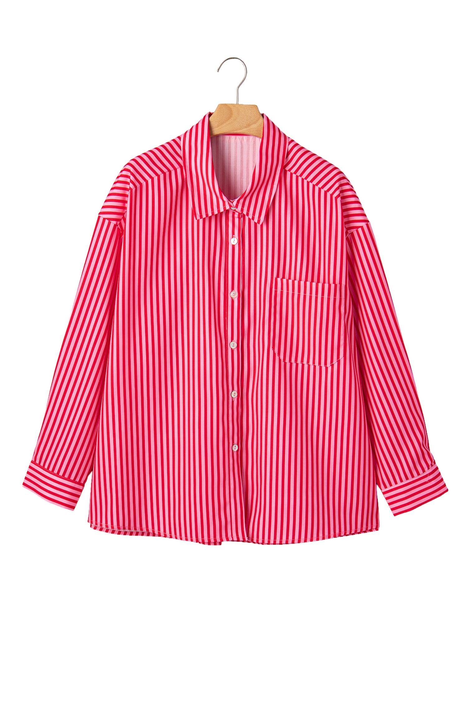 Red Stripe Button-Up Shirt Long Sleeve Patch Pocket Casual Shirt-Tops/Blouses & Shirts-[Adult]-[Female]-2022 Online Blue Zone Planet
