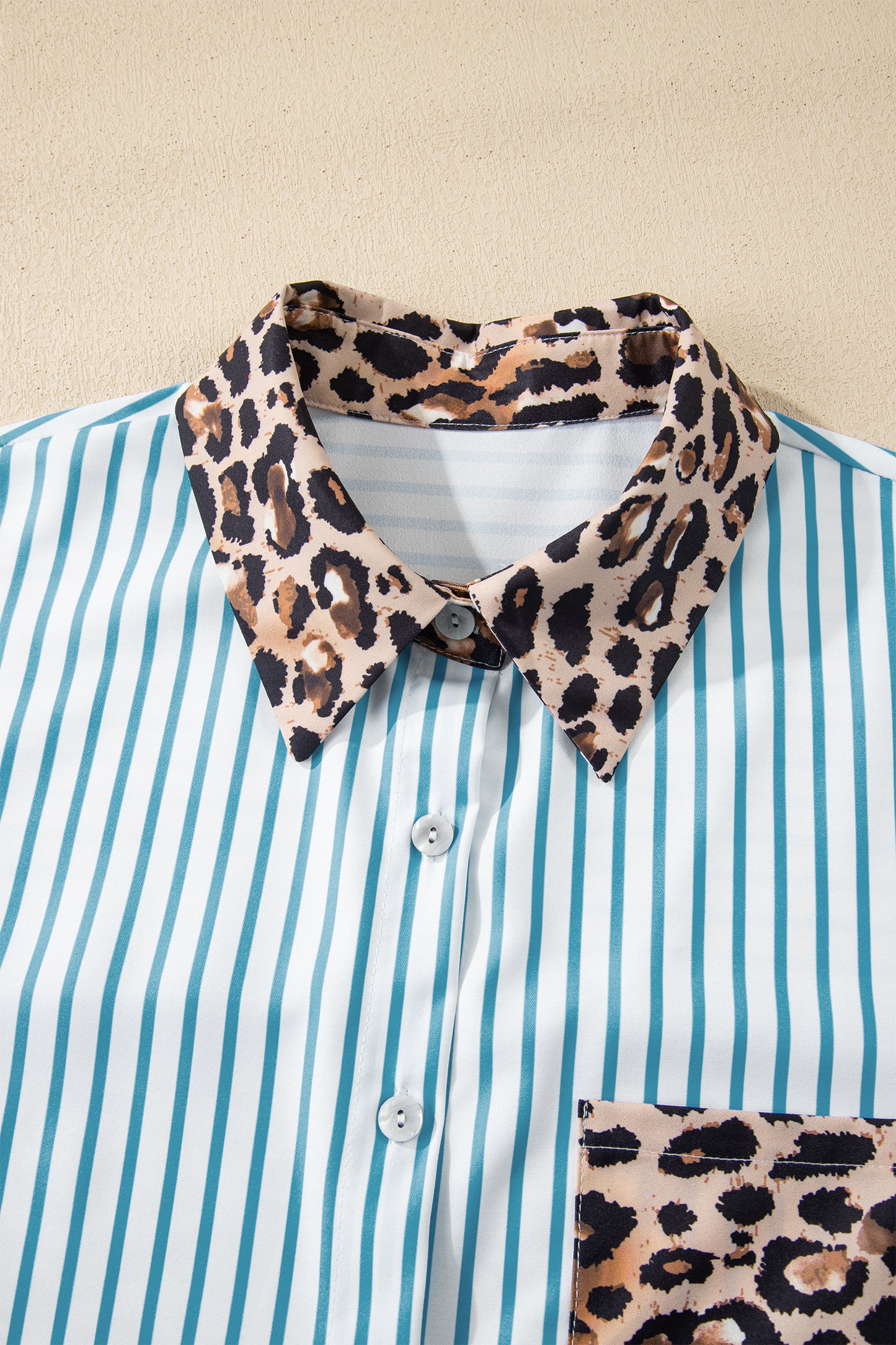 Sky Blue Stripe Contrast Leopard Patchwork Long Shirt Dress with Slits-TOPS / DRESSES-[Adult]-[Female]-2022 Online Blue Zone Planet