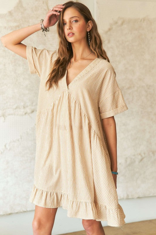 ADORA Ruffled Hem Striped V-Neck Babydoll Dress-TOPS / DRESSES-[Adult]-[Female]-2022 Online Blue Zone Planet