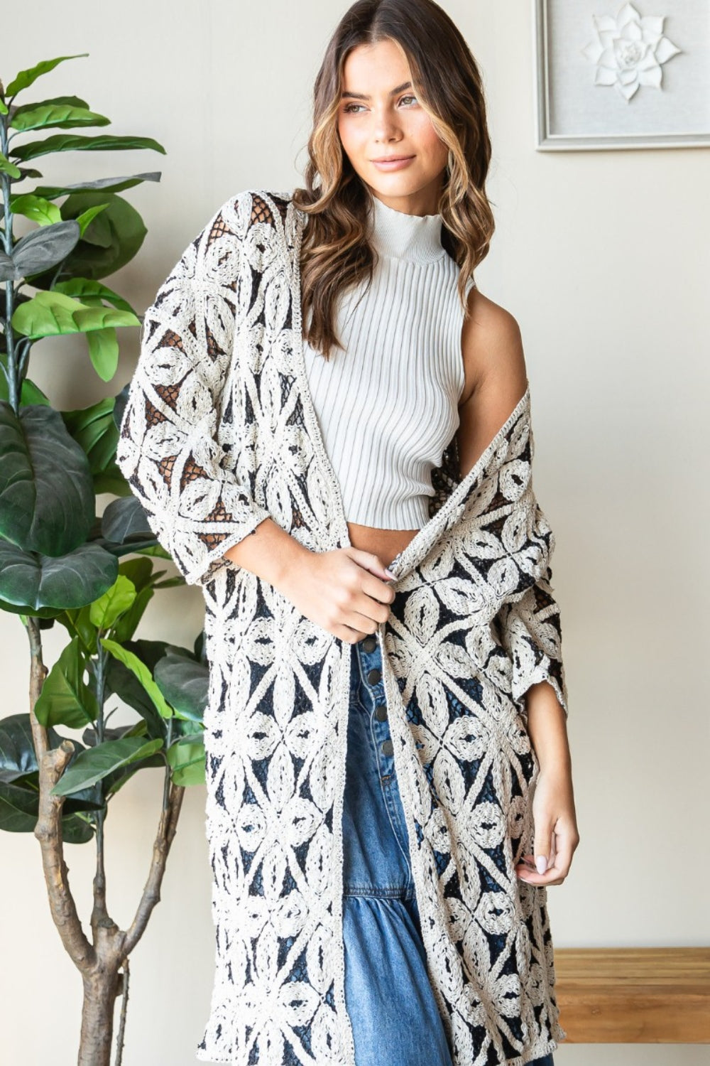 Blue Zone Planet | Veveret Geometric Open Front Three-Quarter Sleeve Cardigan-TOPS / DRESSES-[Adult]-[Female]-NATURAL-One Size-2022 Online Blue Zone Planet