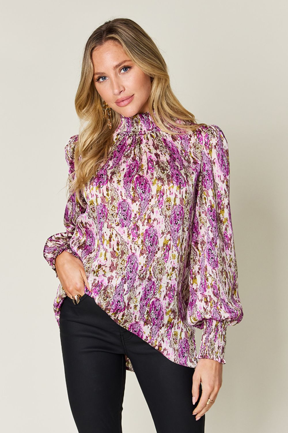 Blue Zone Planet | Double Take Full Size Printed Smocked Long Sleeve Blouse-TOPS / DRESSES-[Adult]-[Female]-Red-Violet-S-2022 Online Blue Zone Planet