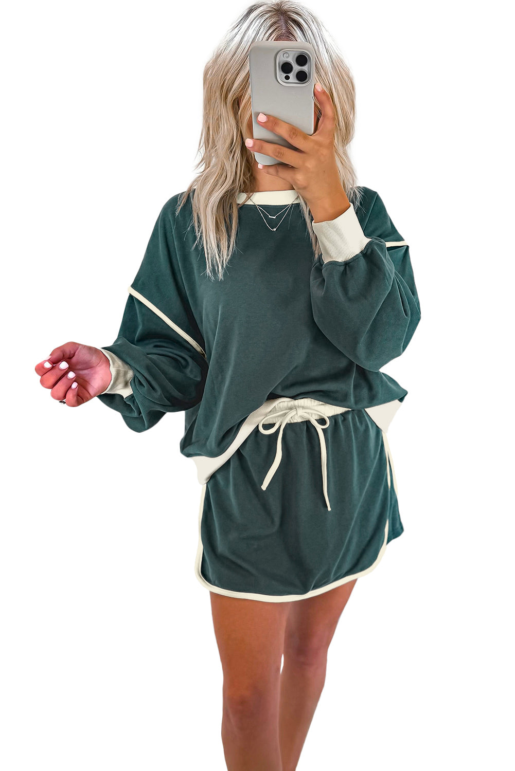 Blue Zone Planet | Rose Red Color Contrast Loose Pullover and Lace-up Waist Skort Set-Two Piece Sets/Two Piece Dresses-[Adult]-[Female]-2022 Online Blue Zone Planet