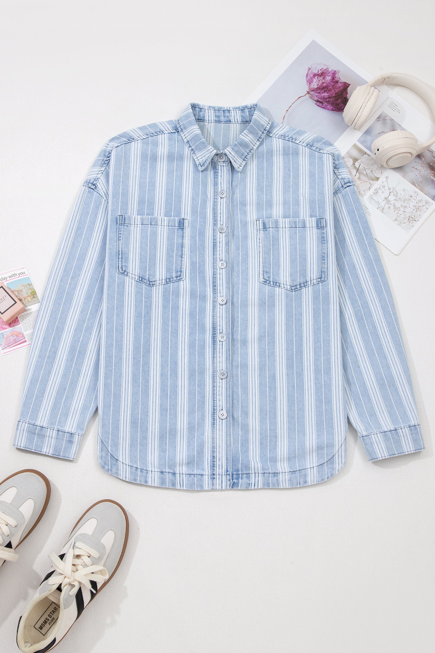 Sky Blue Stripe Boyfriend Chest Pocket Classic Denim Shacket-Outerwear/Denim jackets-[Adult]-[Female]-2022 Online Blue Zone Planet