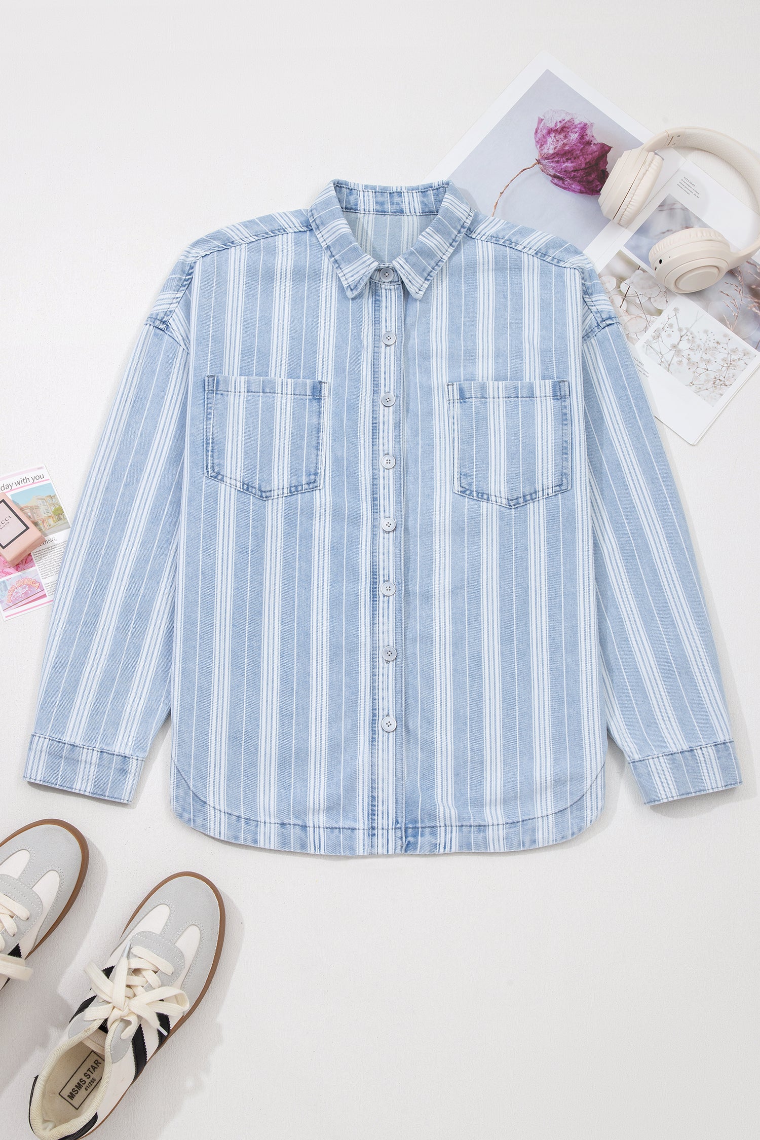 Sky Blue Stripe Boyfriend Chest Pocket Classic Denim Shacket-Outerwear/Denim jackets-[Adult]-[Female]-2022 Online Blue Zone Planet