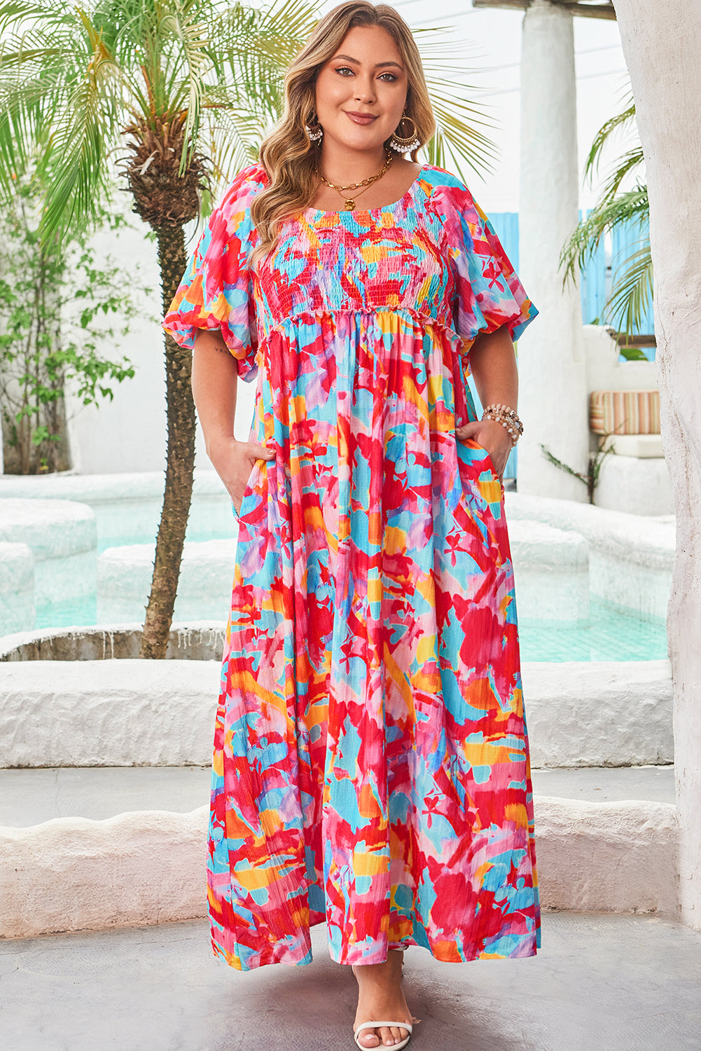 Rose Abstract Printed Puff Sleeve Square Neck Smocked Bust Tied Back Plus Size Dress-TOPS / DRESSES-[Adult]-[Female]-2022 Online Blue Zone Planet