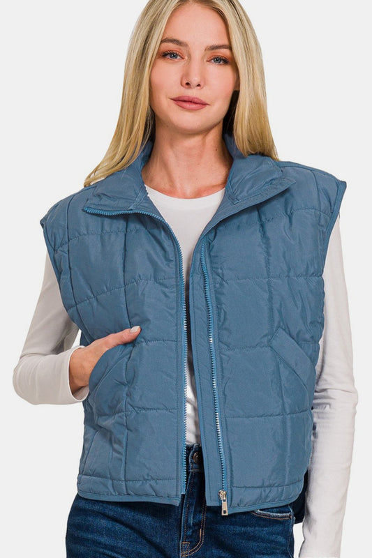 Zenana Zip Up Cropped Puffer Vest with Pockets-TOPS / DRESSES-[Adult]-[Female]-Dusty Blue-S-2022 Online Blue Zone Planet