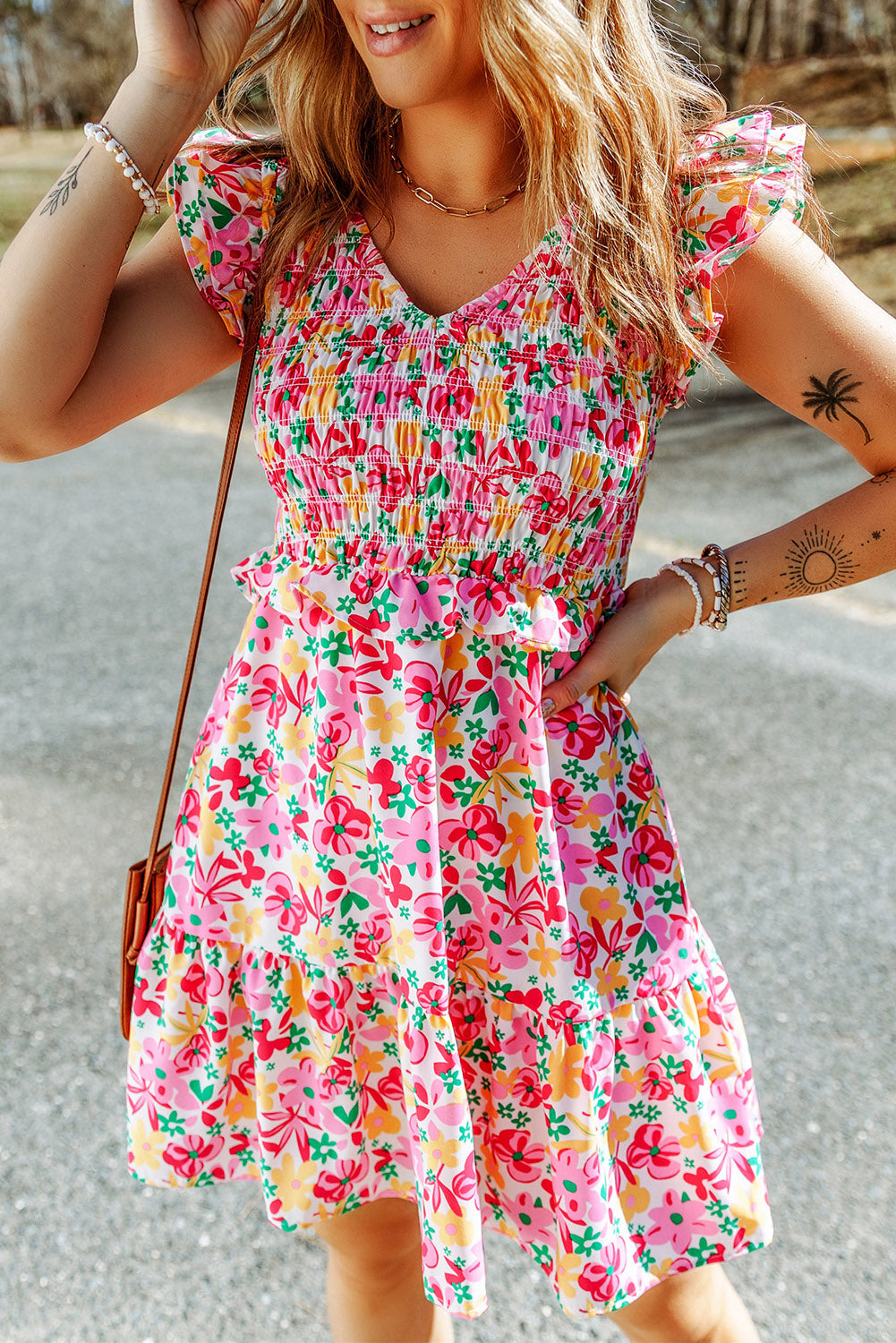 Blue Zone Planet |  Multicolor Smocked Bodice Ruffle Trim Floral Dress