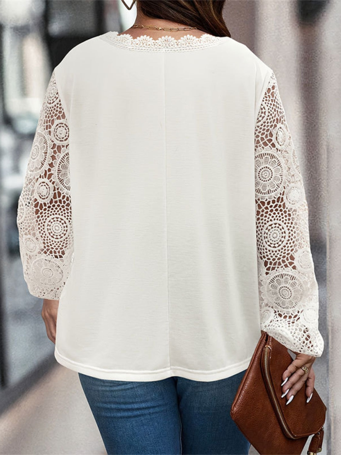 Plus Size Lace Detail V-Neck Long Sleeve T-Shirt-TOPS / DRESSES-[Adult]-[Female]-2022 Online Blue Zone Planet