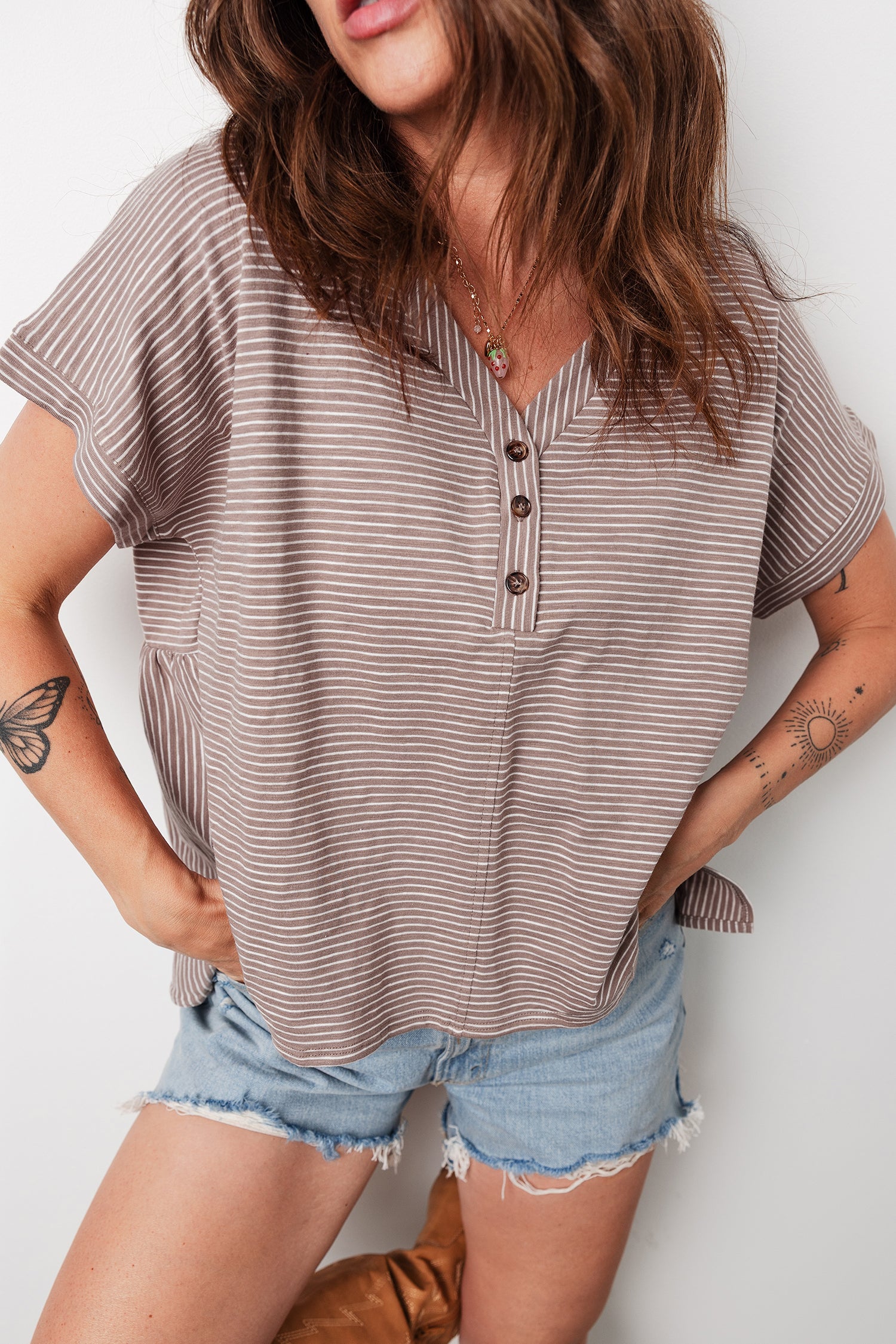Khaki Stripe Buttoned V Neck High Low Side Slit T Shirt-Tops/Tops & Tees-[Adult]-[Female]-Khaki Stripe-S-2022 Online Blue Zone Planet