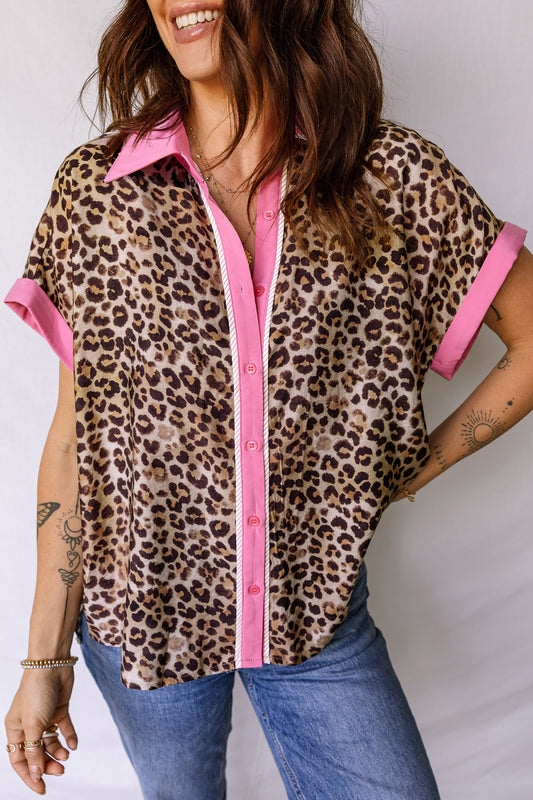 Leopard Print Contrasted Trim Animal Short Sleeve Shirt-Tops/Blouses & Shirts-[Adult]-[Female]-2022 Online Blue Zone Planet