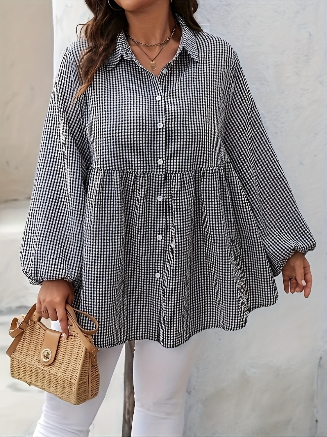 Plus Size Plaid Collared Neck Long Sleeve Shirt-TOPS / DRESSES-[Adult]-[Female]-2022 Online Blue Zone Planet