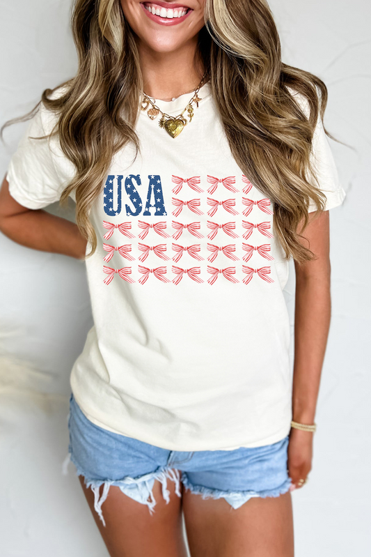 White Usa Flag Bow Knot Print Round Neck T Shirt-Graphic/Graphic Tees-[Adult]-[Female]-White-S-2022 Online Blue Zone Planet