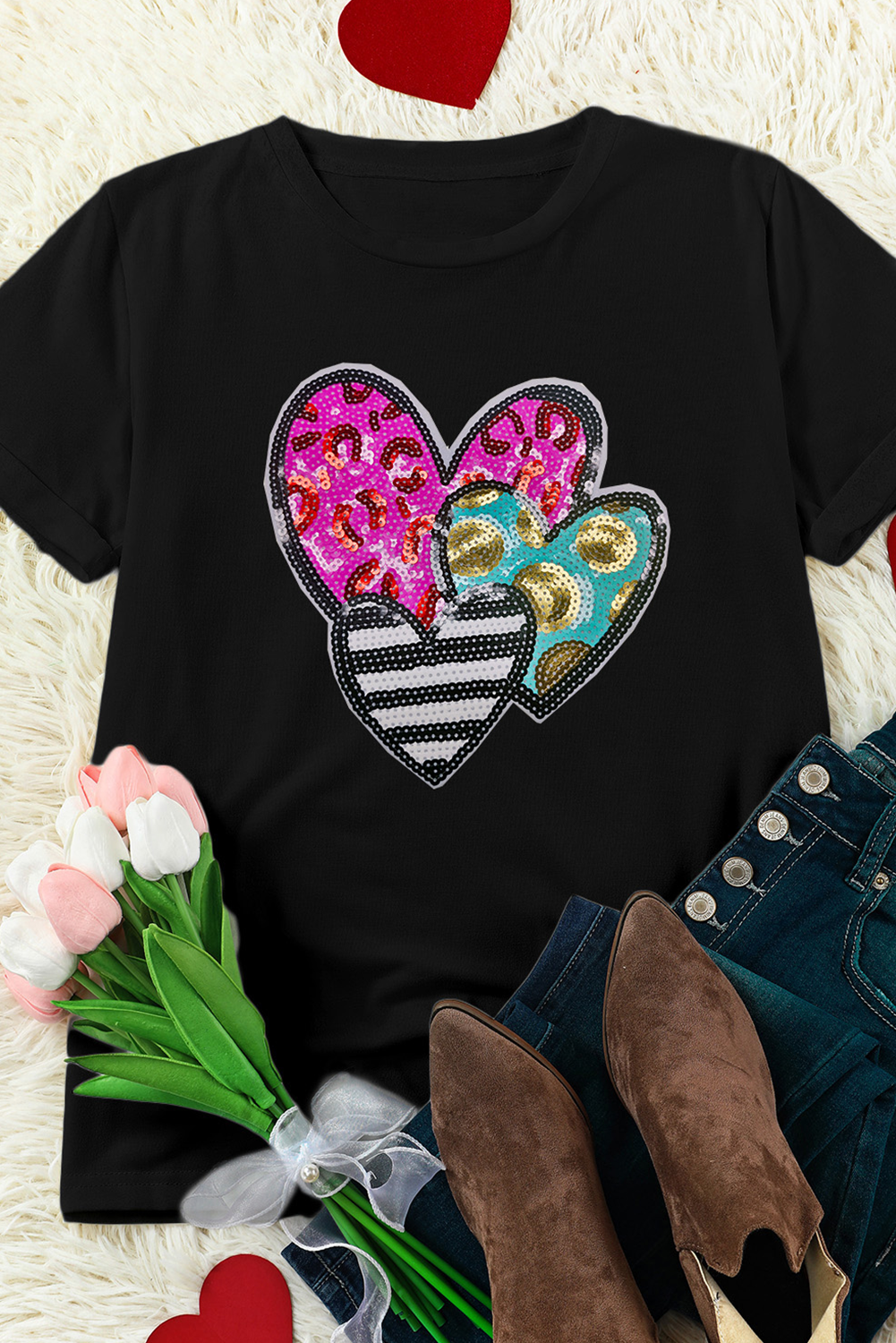 Black Sequin Heart Patched Valentines Graphic Tee-Graphic Tees-[Adult]-[Female]-2022 Online Blue Zone Planet