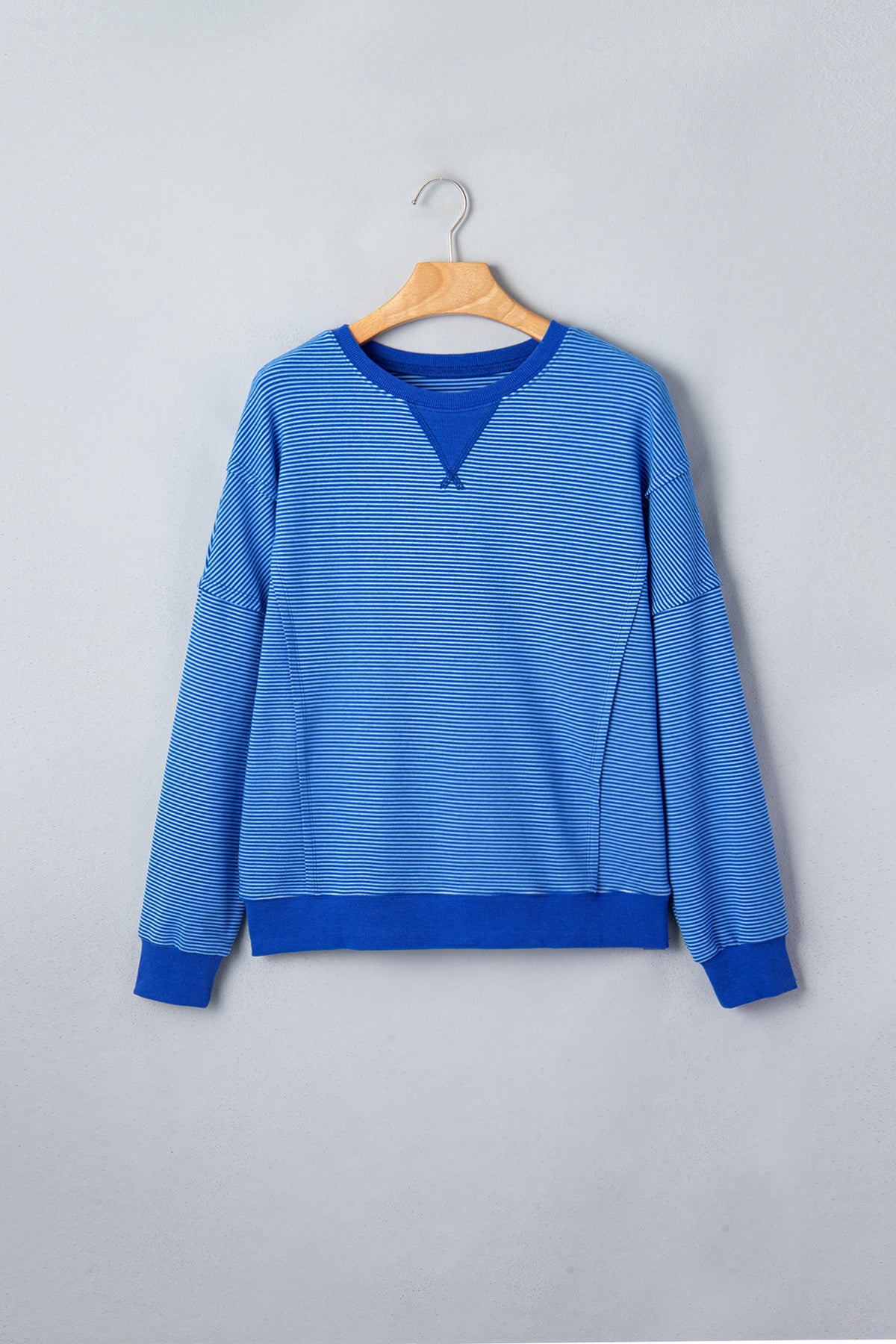 Blue Stripe Ribbed Cuffs Hem Long Sleeve Pullover Top-Tops/Long Sleeve Tops-[Adult]-[Female]-2022 Online Blue Zone Planet