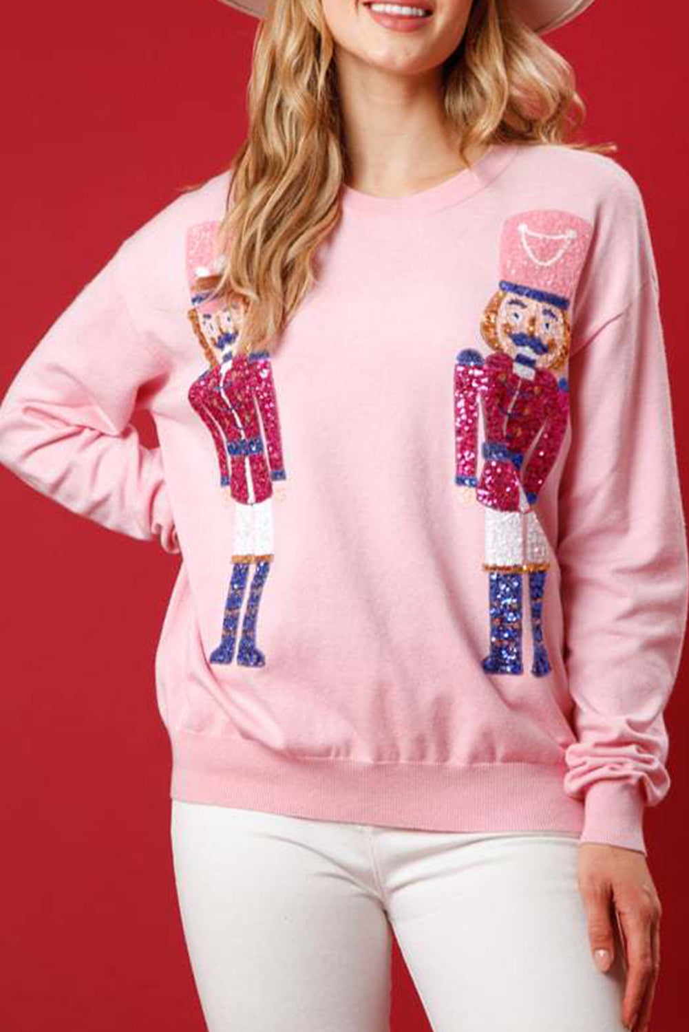 Pink Nutcracker Christmas Crew Neck Sweatshirt-Tops/Sweatshirts & Hoodies-[Adult]-[Female]-Pink-S-2022 Online Blue Zone Planet