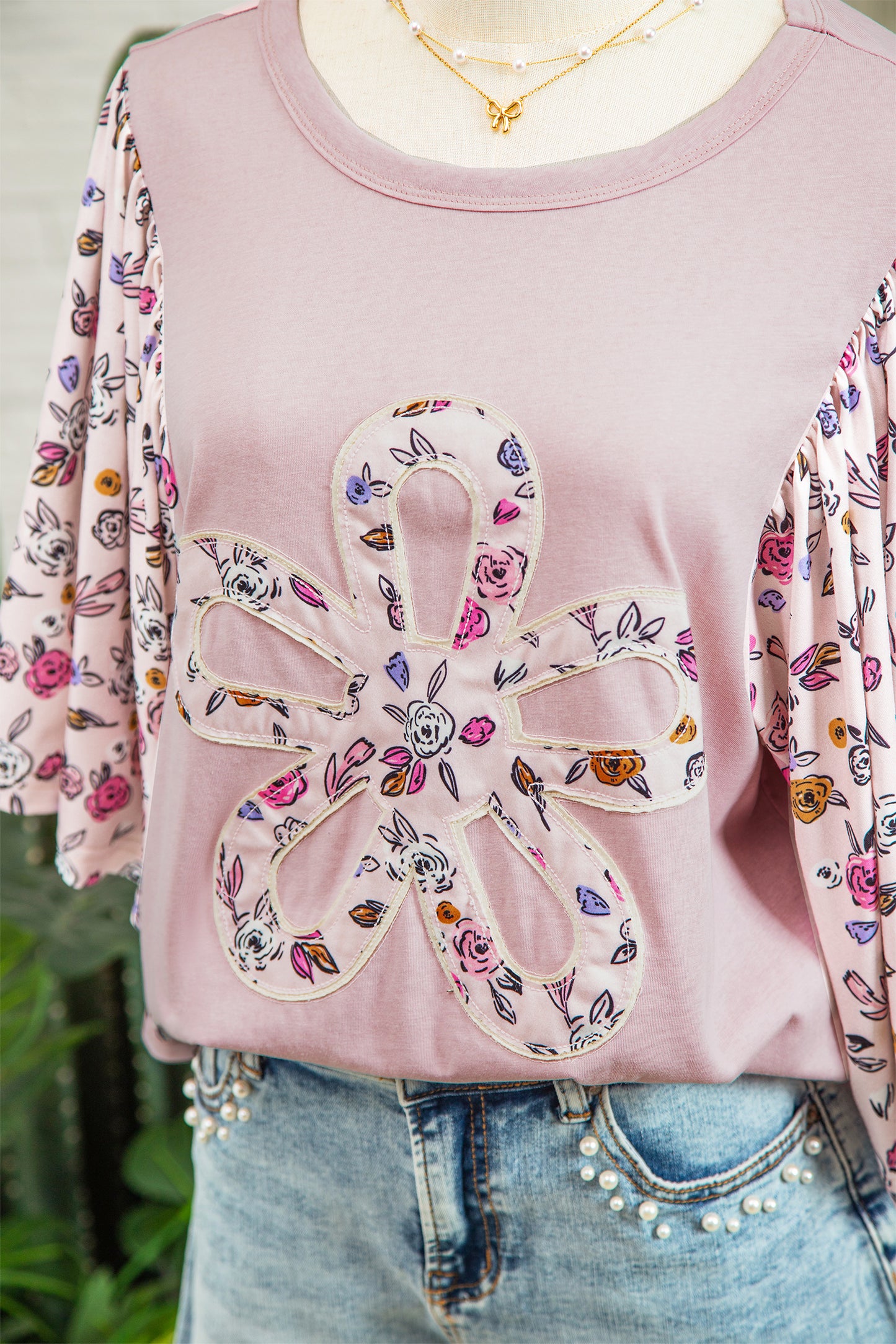 Pink Contrast Floral Patched Flowy Half Sleeve Blouse-Tops/Blouses & Shirts-[Adult]-[Female]-2022 Online Blue Zone Planet