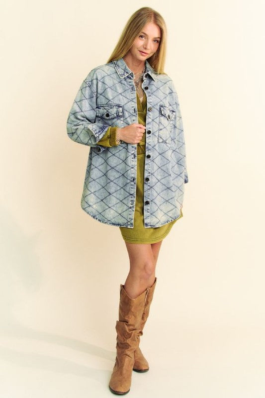 Davi & Dani Curved Hem Diamond Quilted Button Up Denim Shacket-TOPS / DRESSES-[Adult]-[Female]-2022 Online Blue Zone Planet