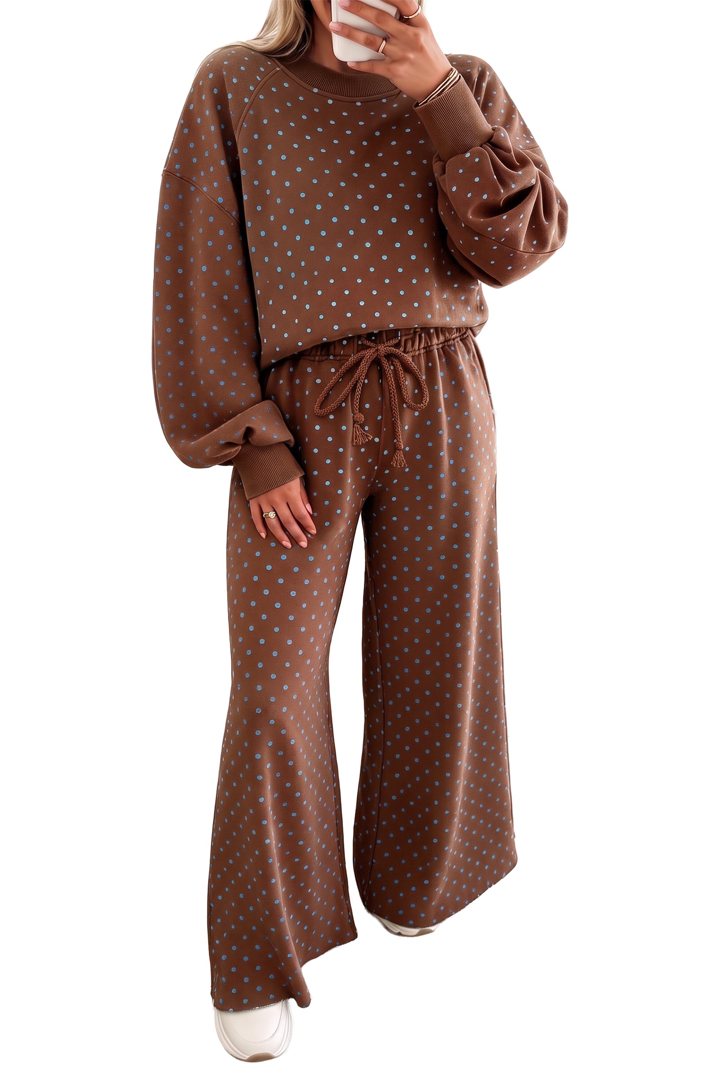 Brown Polka Dot Drawstring Wide Leg Long Sleeve Top Pant Set-Two Piece Sets/Pant Sets-[Adult]-[Female]-2022 Online Blue Zone Planet