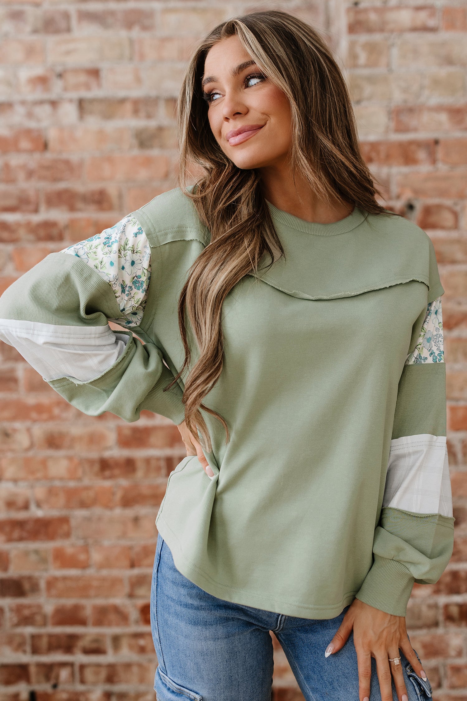 Laurel Green Floral Plaid Mixed Sleeve Raw Edge Relaxed French Terry Top-Tops/Long Sleeve Tops-[Adult]-[Female]-2022 Online Blue Zone Planet