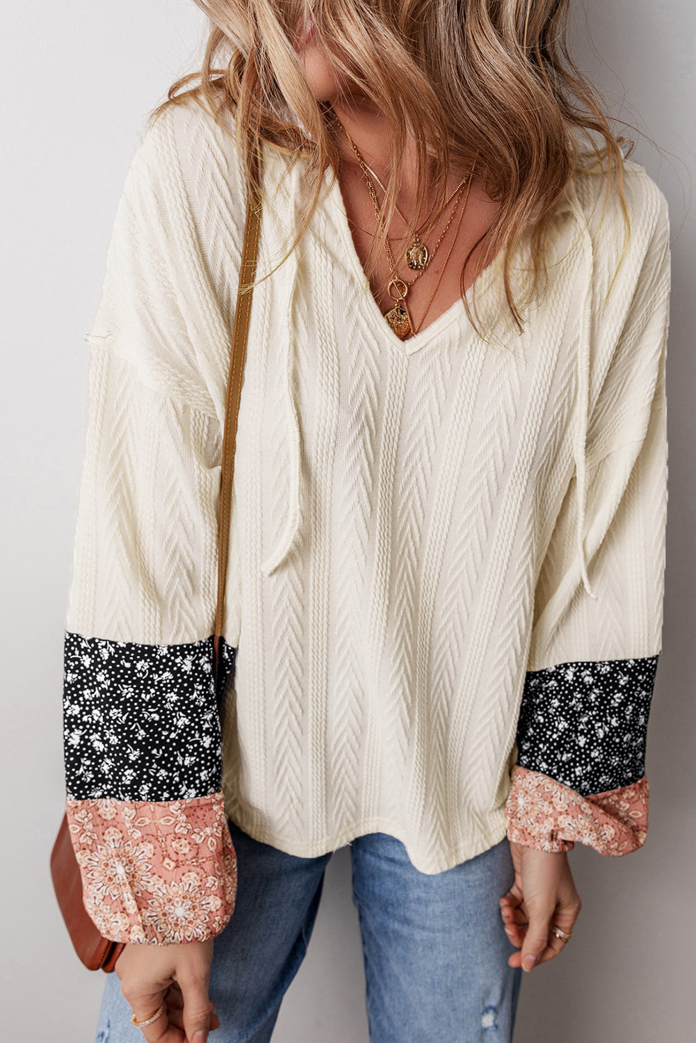 Blue Zone Planet | Dusty Pink Floral Patchwork Textured Knit Drawstring V Neck Blouse-Tops/Blouses & Shirts-[Adult]-[Female]-2022 Online Blue Zone Planet