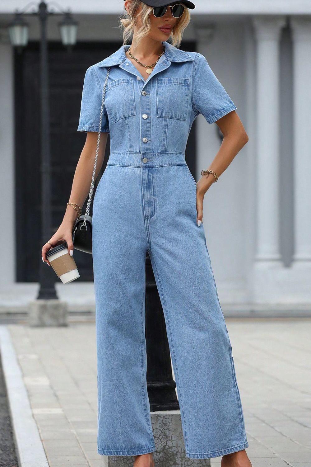 Short Sleeve Wide Leg Denim Jumpsuit-TOPS / DRESSES-[Adult]-[Female]-2022 Online Blue Zone Planet