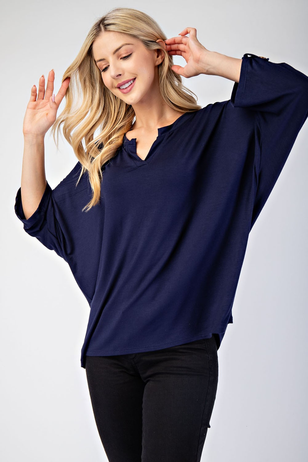 Celeste Full Size Notched Three-Quarter Sleeve Blouse-TOPS / DRESSES-[Adult]-[Female]-2022 Online Blue Zone Planet