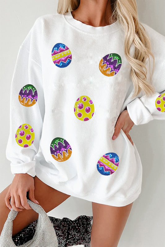 White Easter Egg Corded Oversized Sweatshirt-Graphic/Graphic Sweatshirts-[Adult]-[Female]-White-S-2022 Online Blue Zone Planet