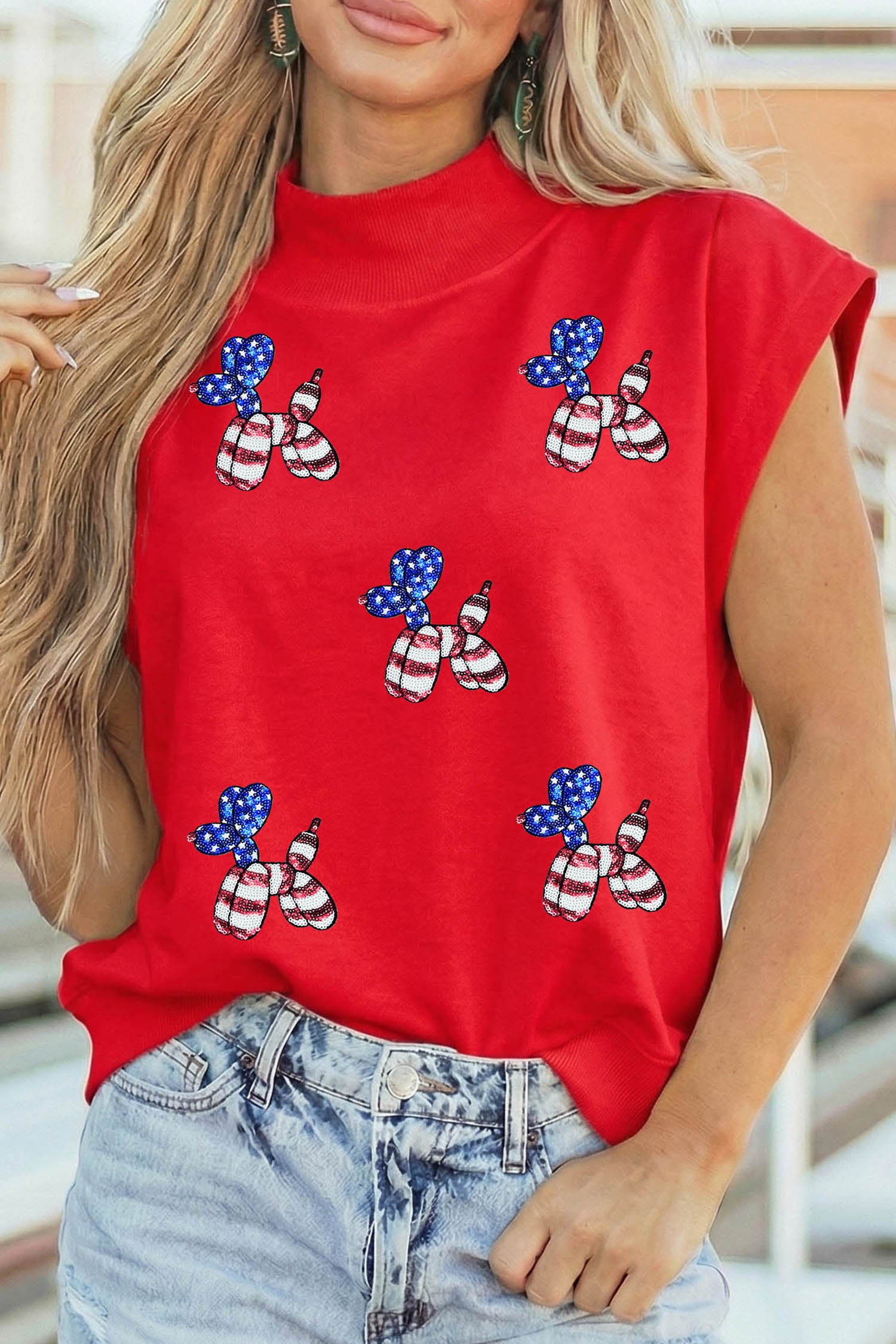 Racing Red Sequin American Flag Balloon Dog High Neck Short Sleeve Top-Graphic/Graphic Tees-[Adult]-[Female]-2022 Online Blue Zone Planet