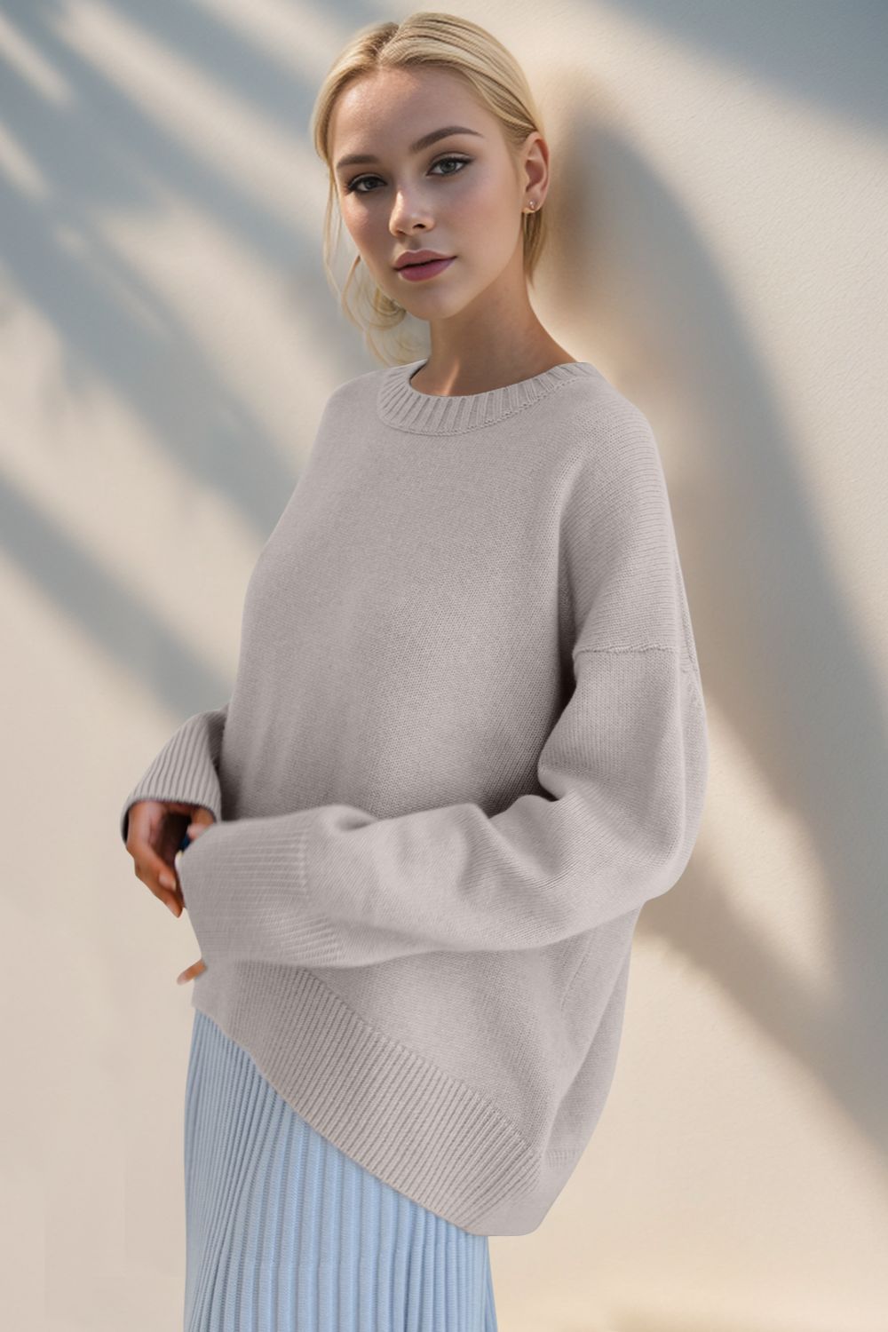 Basic Bae Round Neck Dropped Shoulder Sweater-TOPS / DRESSES-[Adult]-[Female]-2022 Online Blue Zone Planet