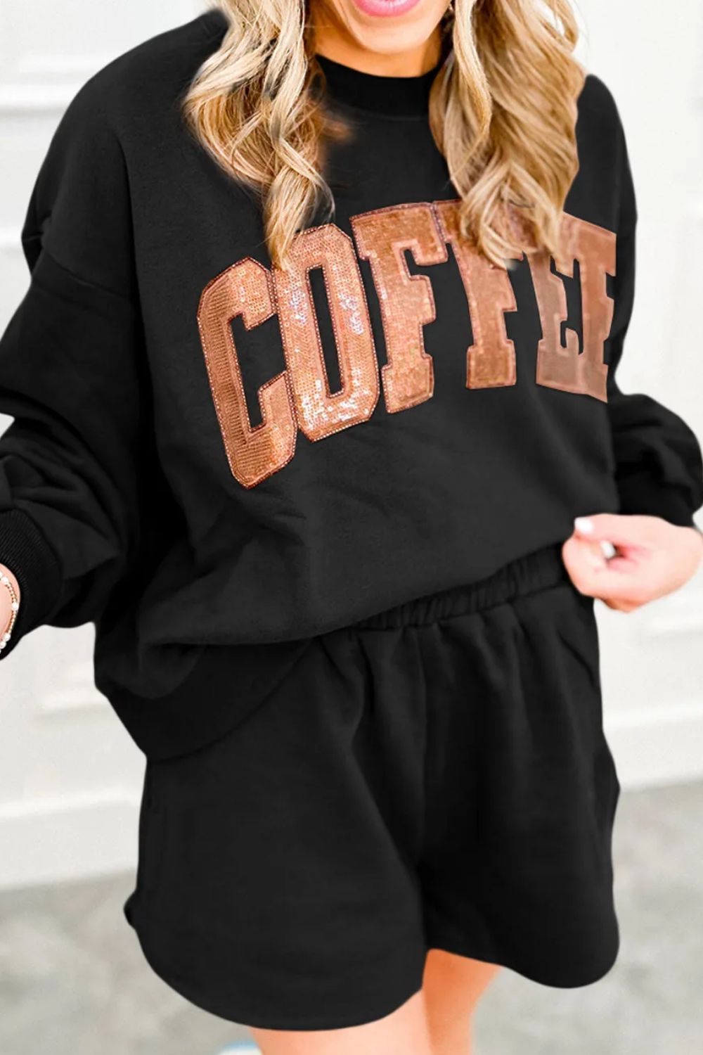 COFFEE Sequin Round Neck Long Sleeve Top and Shorts Set-TOPS / DRESSES-[Adult]-[Female]-Black-S-2022 Online Blue Zone Planet