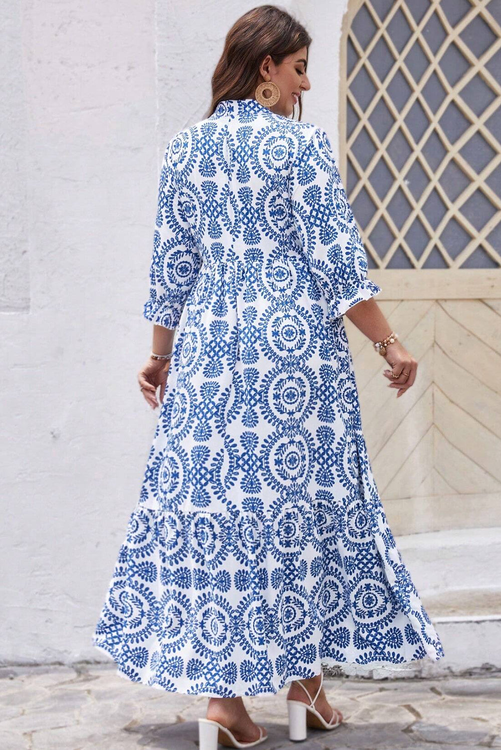 Sky Blue Geometric Print Lace-up Notch Neck Plus Size Maxi Dress-Plus Size/Plus Size Dresses/Plus Size Maxi Dresses-[Adult]-[Female]-2022 Online Blue Zone Planet