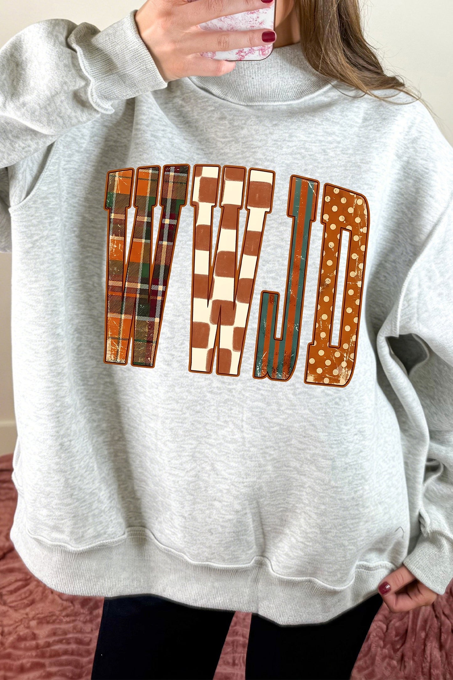 Light Grey WWJD Graphic Mock Neck Oversized Sweatshirt-Graphic/Graphic Sweatshirts-[Adult]-[Female]-2022 Online Blue Zone Planet