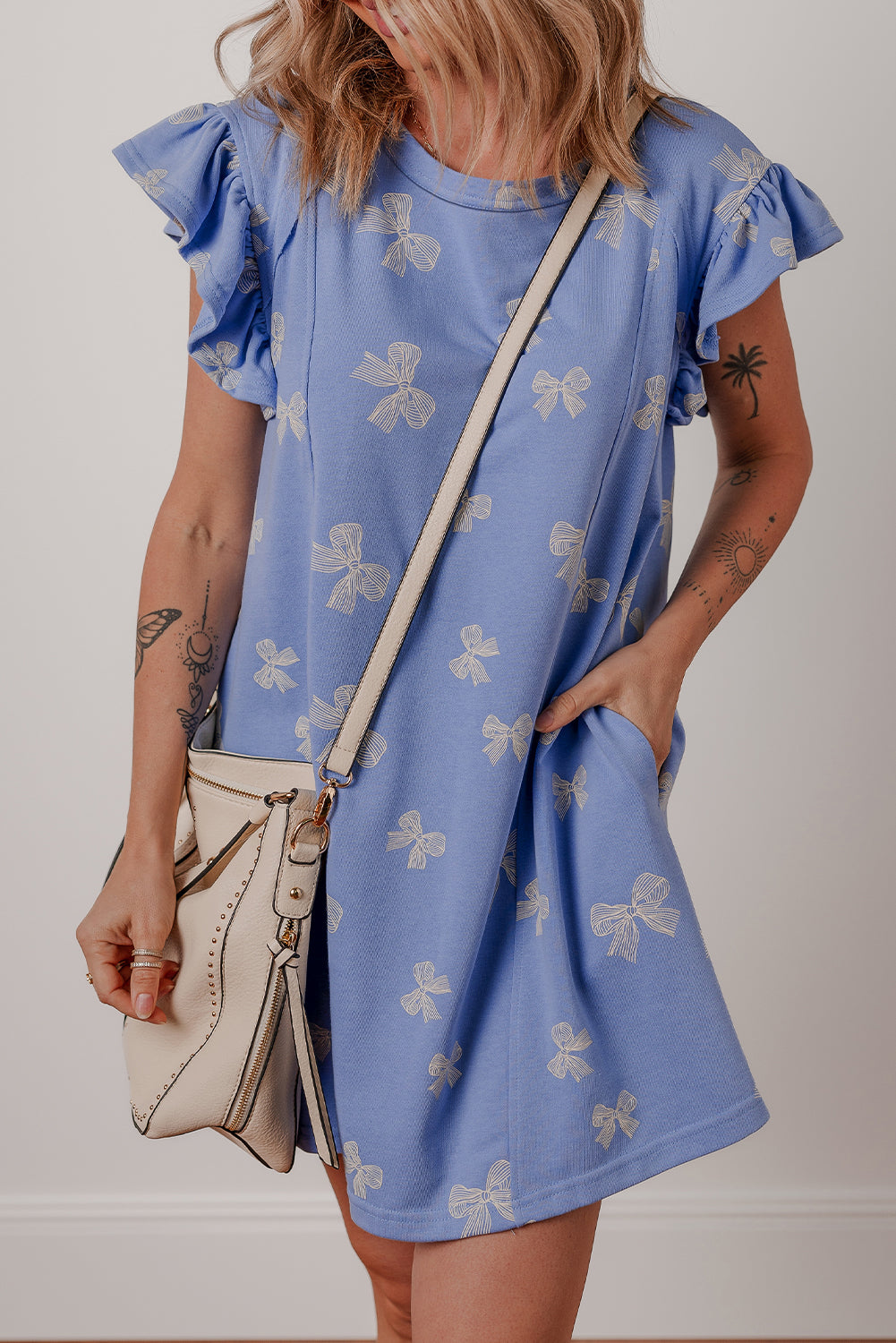Sky Blue Bow Knot Print Crewneck Ruffled Sleeve Shift Mini Dress-TOPS / DRESSES-[Adult]-[Female]-2022 Online Blue Zone Planet