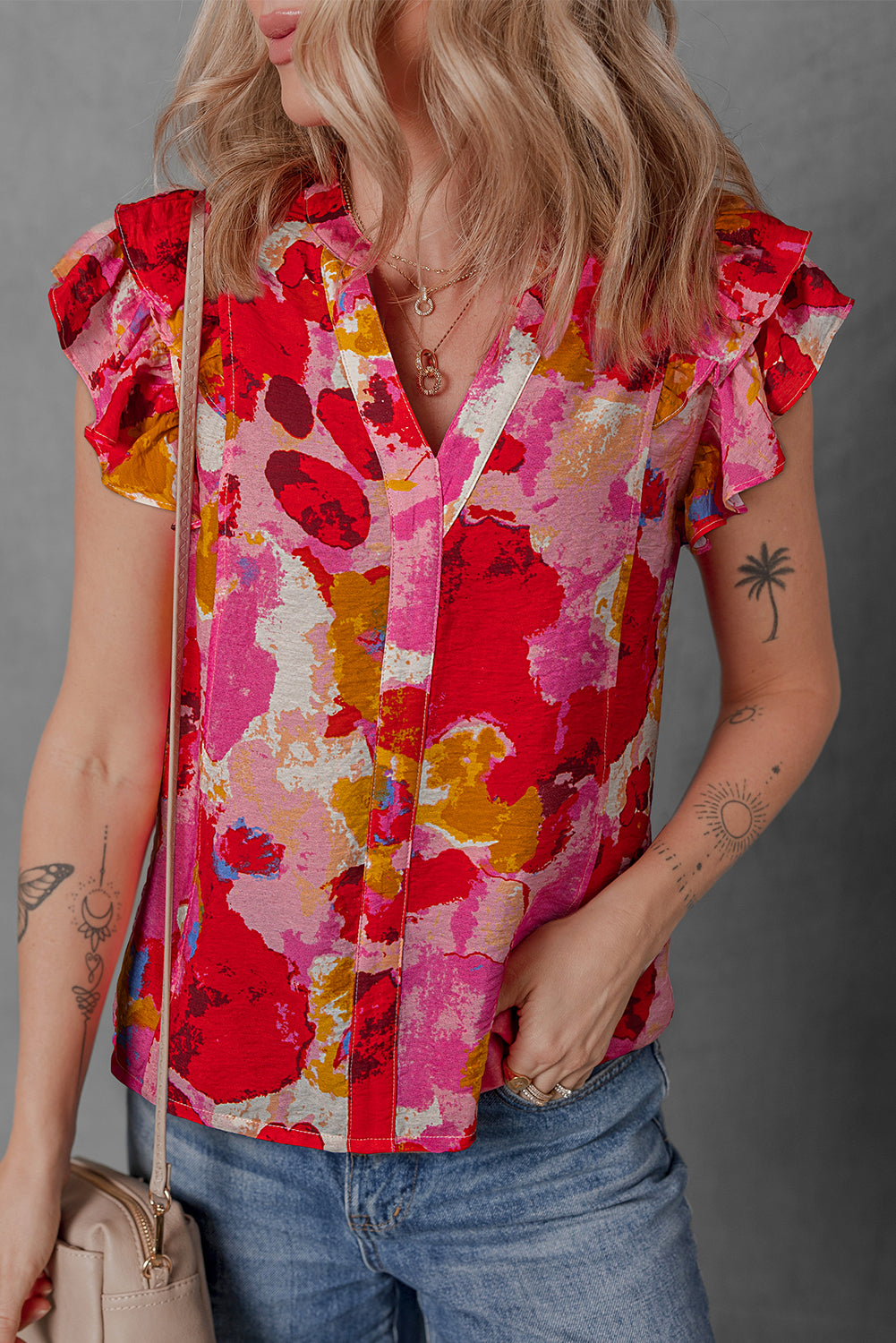 Red Abstract Print Split V Neck Ruffle Short Sleeve Blouse-Tops/Blouses & Shirts-[Adult]-[Female]-Red-S-2022 Online Blue Zone Planet