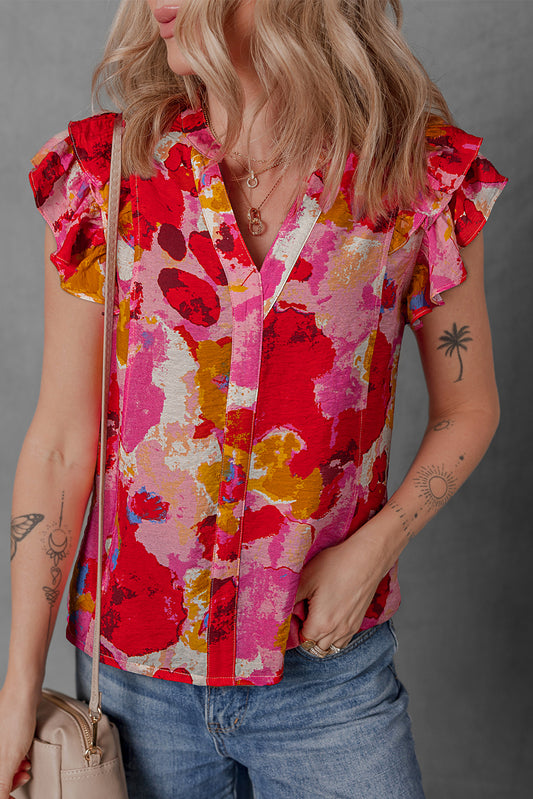 Red Abstract Print Split V Neck Ruffle Short Sleeve Blouse-Tops/Blouses & Shirts-[Adult]-[Female]-Red-S-2022 Online Blue Zone Planet