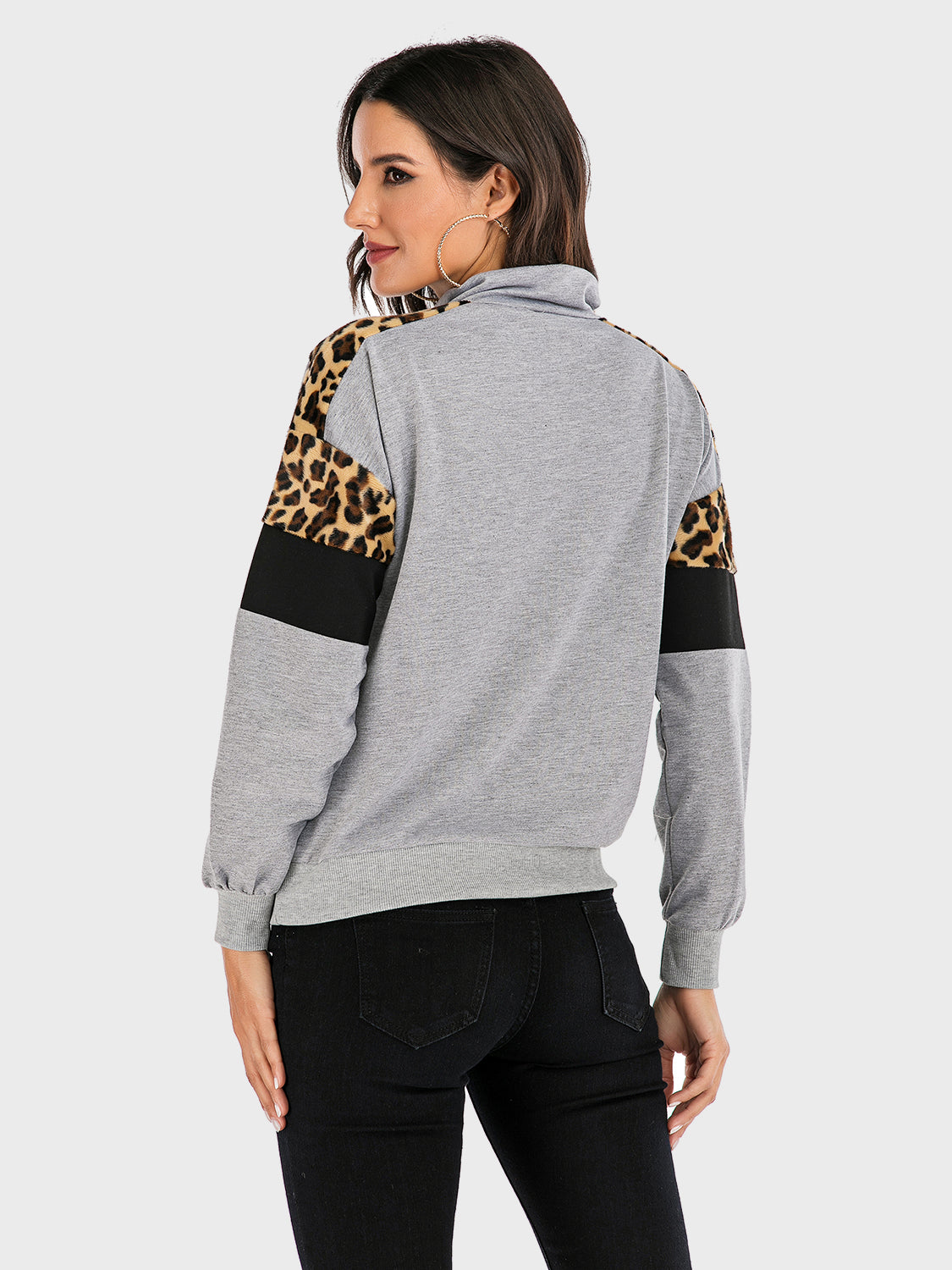 Perfee Contrast Leopard Half Zip Long Sleeve Sweatshirt-TOPS / DRESSES-[Adult]-[Female]-2022 Online Blue Zone Planet