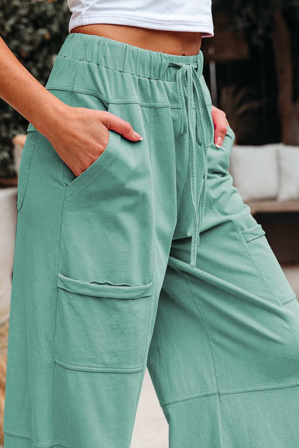 Mint Green Mineral Wash Exposed Seam Drawstring High Waist Wide Leg Cargo Pants-Bottoms/Pants & Culotte-[Adult]-[Female]-2022 Online Blue Zone Planet
