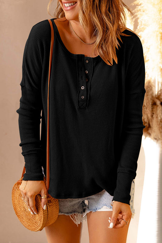 Double Take Full Size Half Button Drop Shoulder T-Shirt-TOPS / DRESSES-[Adult]-[Female]-Black-S-2022 Online Blue Zone Planet