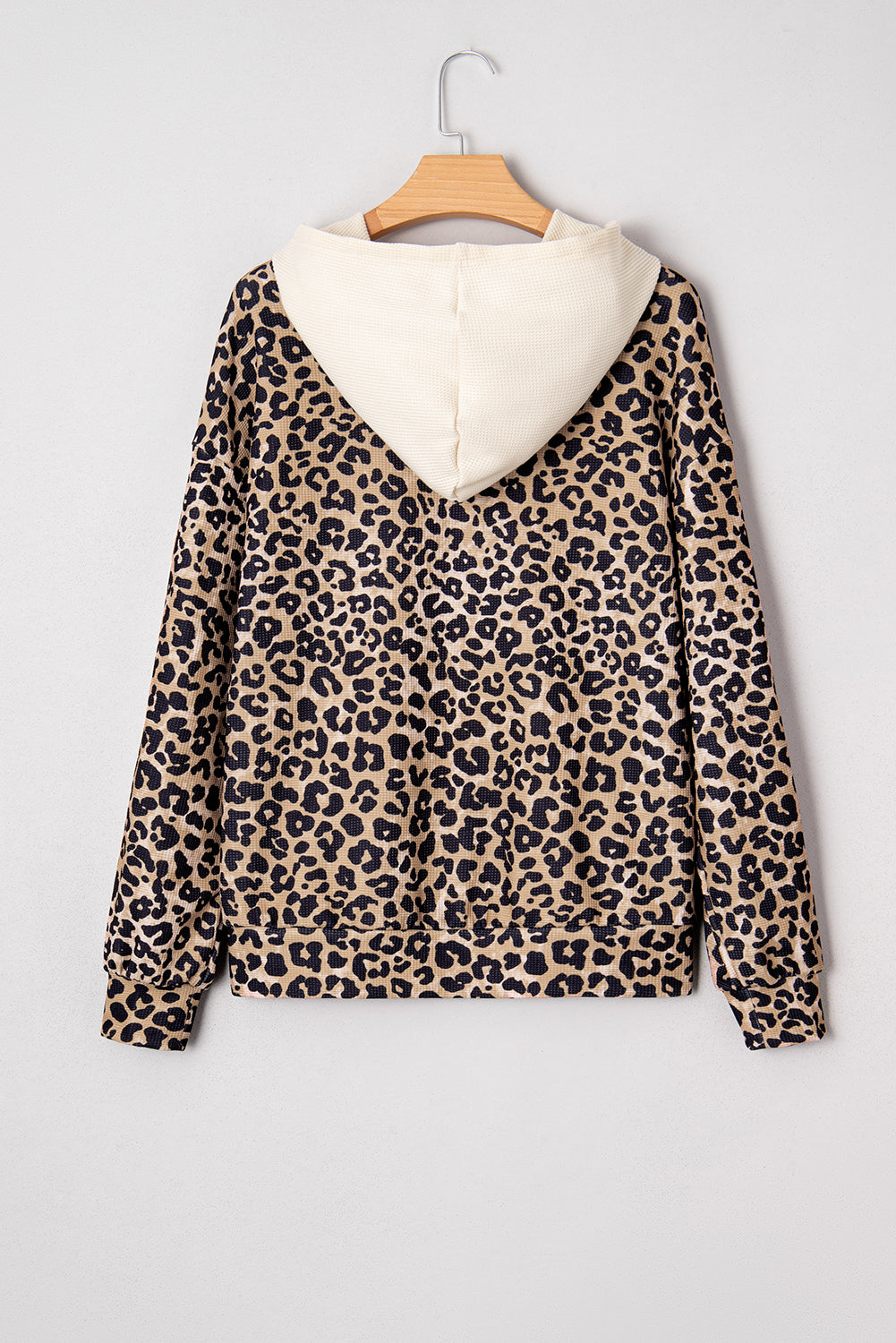 Leopard Print Waffle Contrast Kangaroo Pocket Hooded Sweatshirt-Tops / Dresses-[Adult]-[Female]-2022 Online Blue Zone Planet