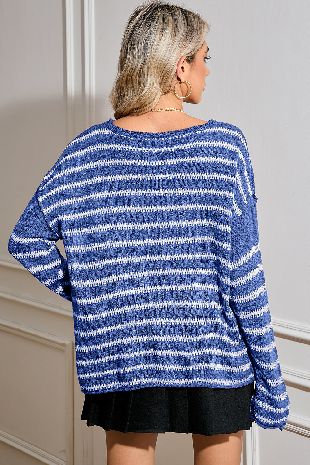 Blue Zone Planet | Green Stripe Casual Stripe Round Neck Drop Shoulder Sweater-Sweaters-[Adult]-[Female]-2022 Online Blue Zone Planet