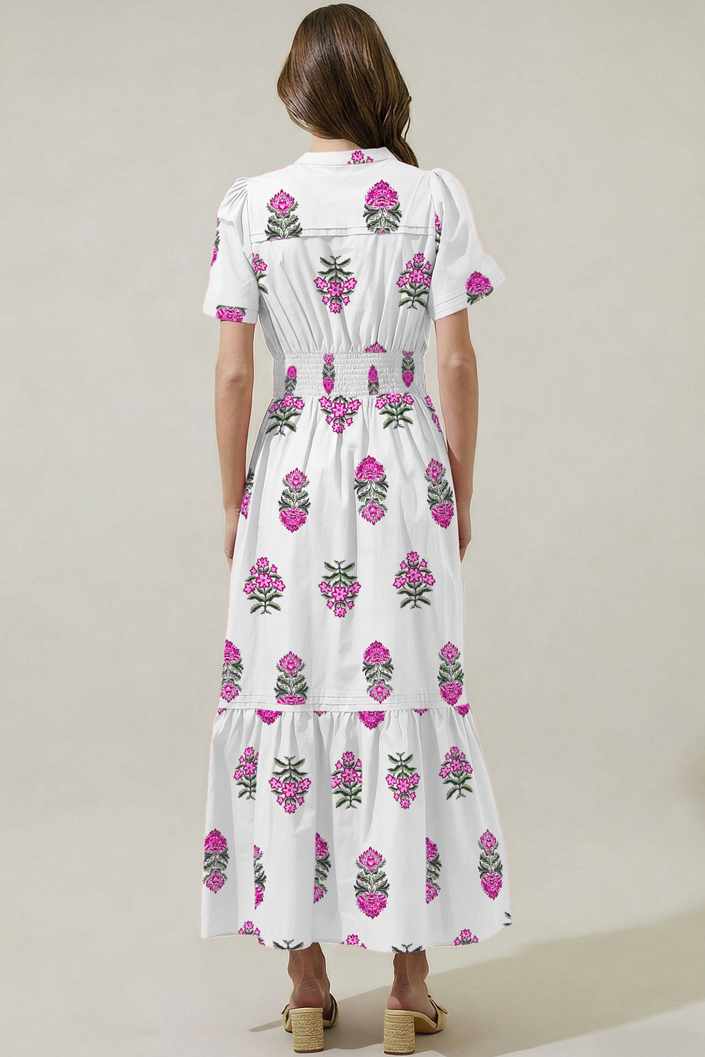 White Floral Print Split Neck Shirred High Waist Ruffle Hem Maxi Dress-Dresses/Maxi Dresses-[Adult]-[Female]-2022 Online Blue Zone Planet