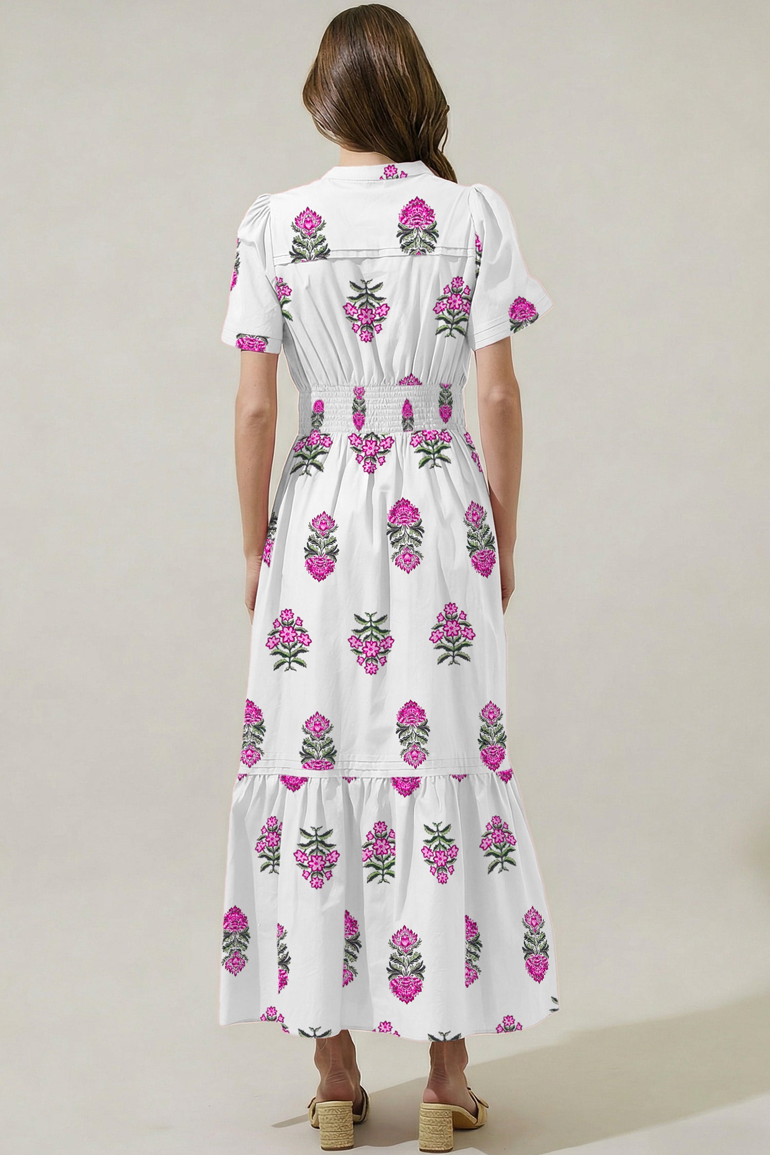 White Floral Print Split Neck Shirred High Waist Ruffle Hem Maxi Dress-Dresses/Maxi Dresses-[Adult]-[Female]-2022 Online Blue Zone Planet