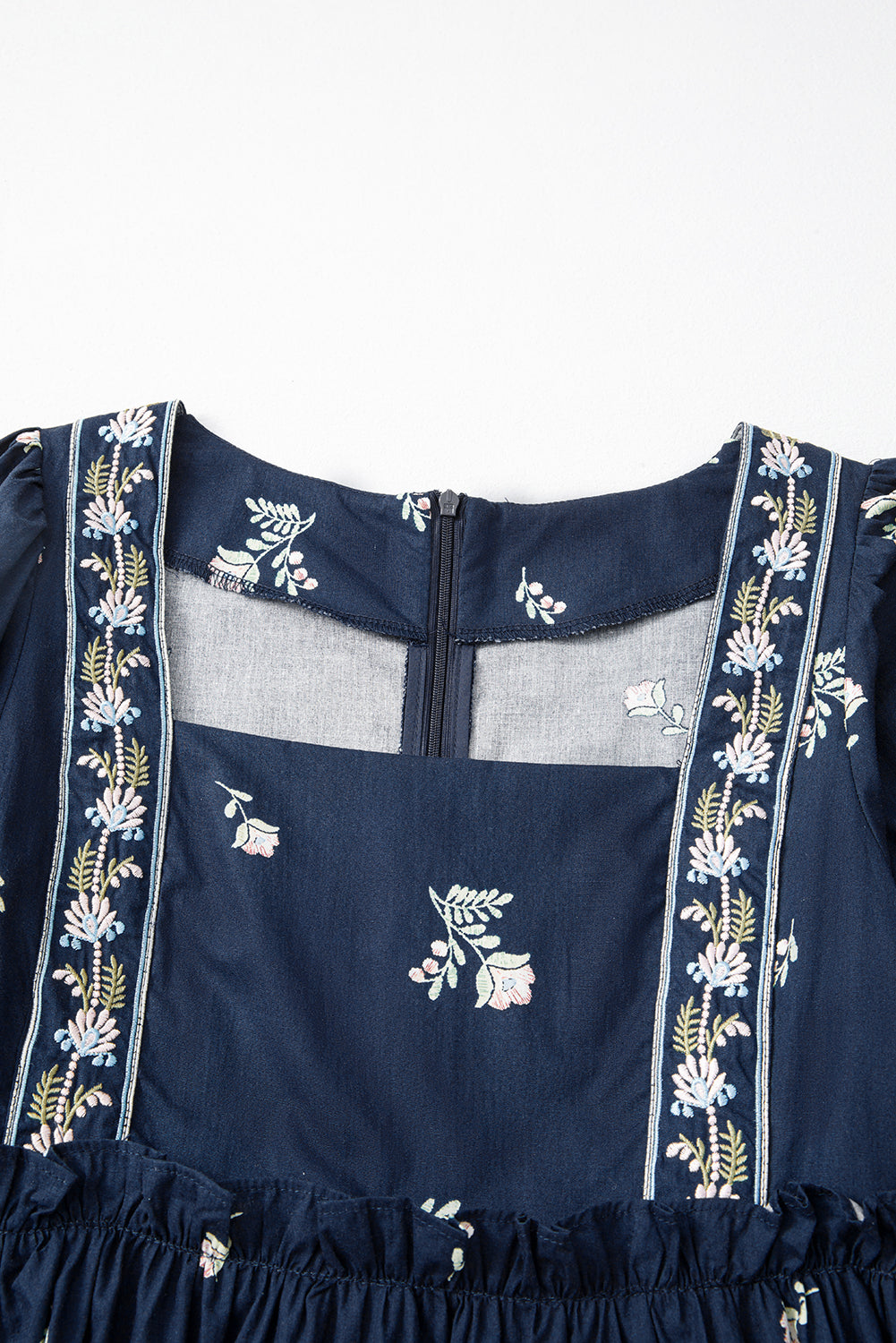 Blue Floral Embroidered Square Neck Puff Sleeve Ruffled Mini Dress-Dresses/Mini Dresses-[Adult]-[Female]-2022 Online Blue Zone Planet