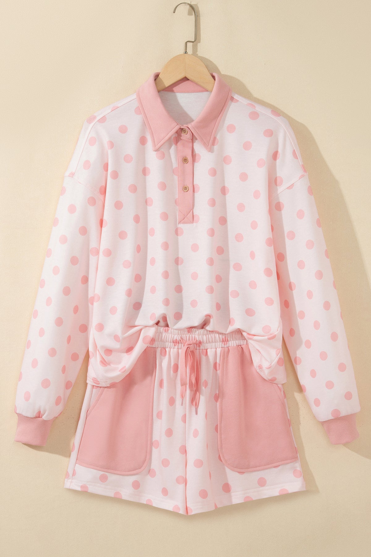Pink Polka Dot Drop Shoulder Polo Loose Pullover Patch Pocket Casual Shorts Set-Two Piece Sets/Short Sets-[Adult]-[Female]-2022 Online Blue Zone Planet