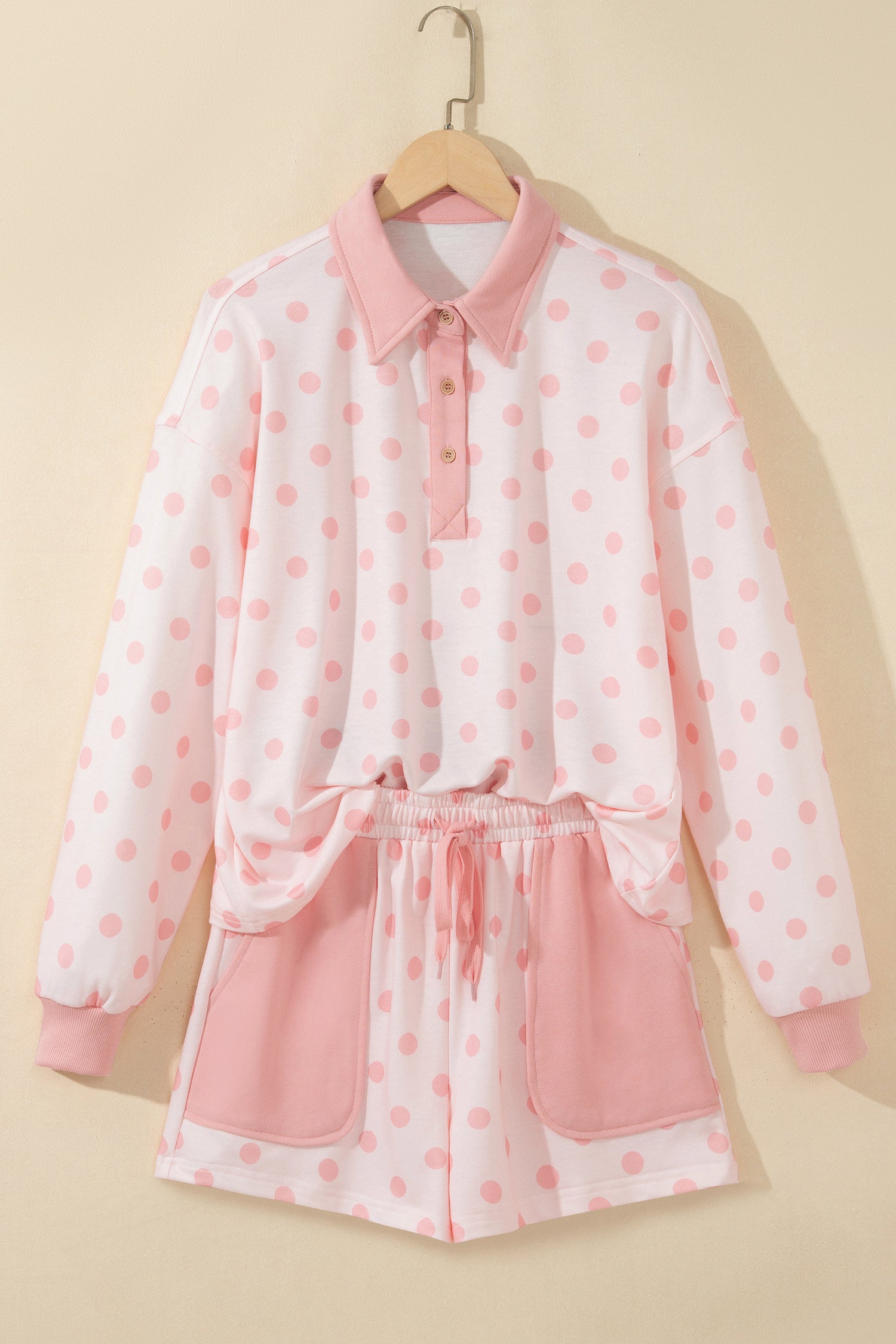 Pink Polka Dot Drop Shoulder Polo Loose Pullover Patch Pocket Casual Shorts Set-Two Piece Sets/Short Sets-[Adult]-[Female]-2022 Online Blue Zone Planet