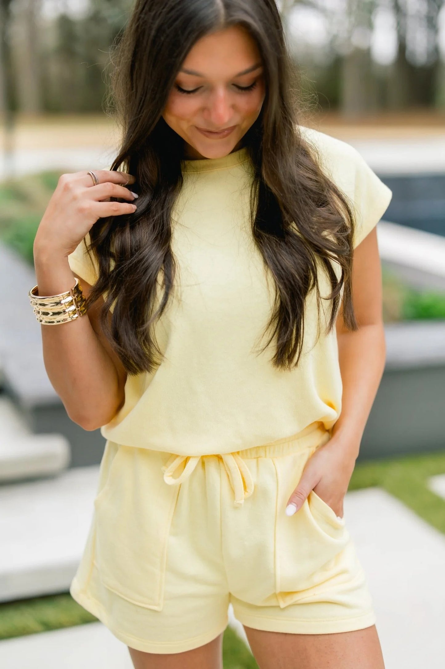 Yellow Cream Solid Color Tee Drawstring Shorts Comfy 2pcs Set-Two Piece Sets/Short Sets-[Adult]-[Female]-2022 Online Blue Zone Planet