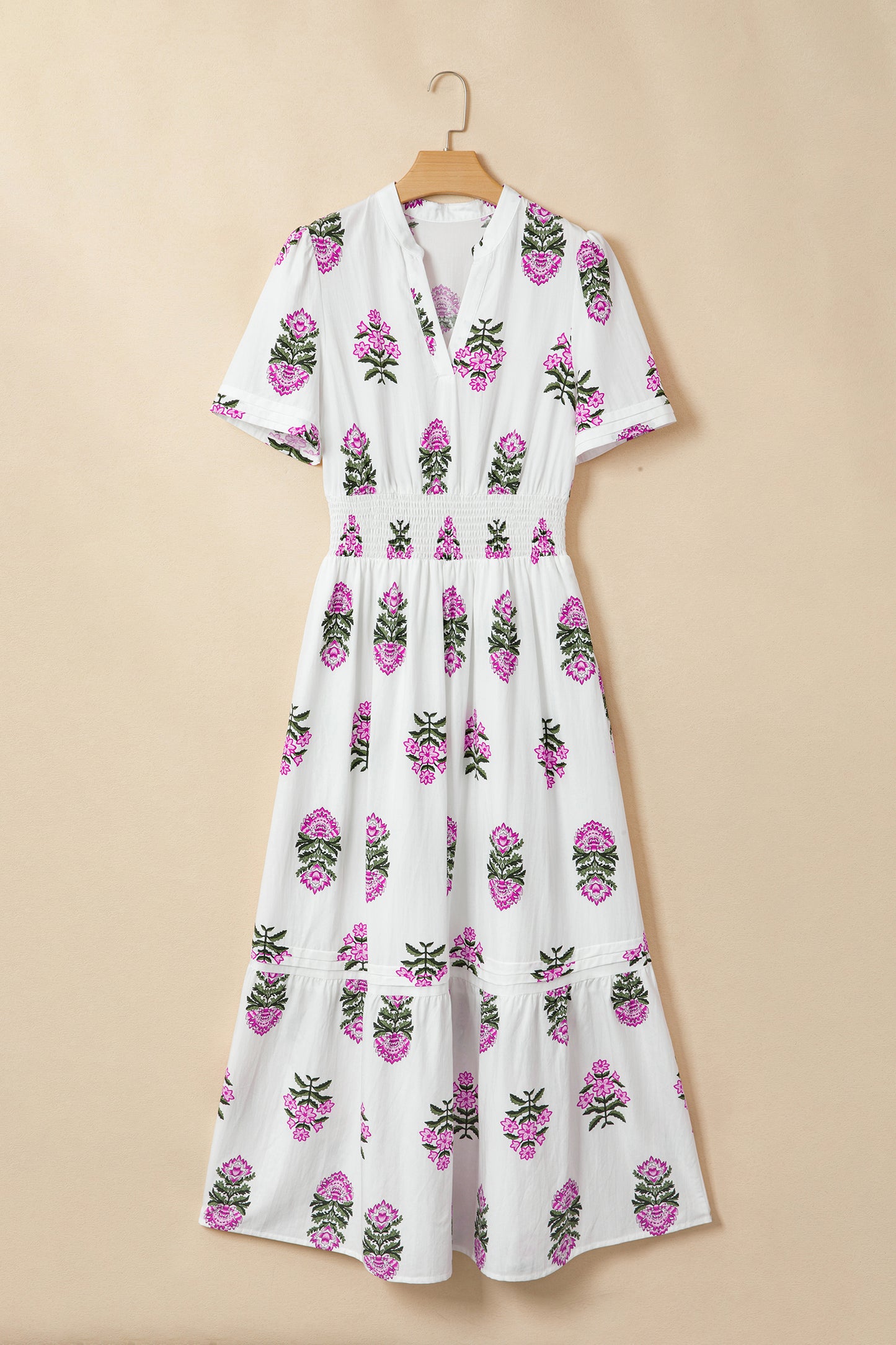White Floral Print Split Neck Shirred High Waist Ruffle Hem Maxi Dress-TOPS / DRESSES-[Adult]-[Female]-2022 Online Blue Zone Planet